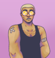 A digital painting of Engine. They have a shaved head of blond hair, round opaque yellow sunglasses, and are wearing a black tanktop that shows off his pecs and autopsy scars. It is looking toward the viewer with an expression of concern, and has several band-aids on their arms.
