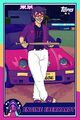 A digital fully-colored Tlopps card of Engine leaning against a nice red car and holding a bat with both hands. He has long shaggy black hair, round red sunglasses, white pants, and a purple unzipped jacket with the sleeves rolled up. He is smiling at the viewer.