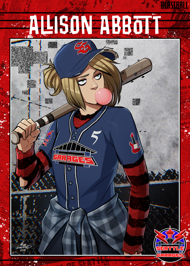Blaseball fan art of a blaseball card for Seattle Garages athlete Allison Abbott, who is chewing gum and carries a nailed bat.