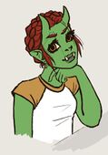A digital drawing of Eugenia Bickle. They're depicted as an orc with green skin, two small horns, and red hair that's styled in a milkmaid braid. She's wearing sun earrings and a short sleeve white-and-yellow baseball tee. Her chin is resting on the back of her left hand.