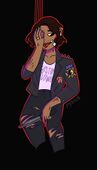 A digital drawing of Alaynabella Hollywood from the knees up. She has light brown skin and short dark brown wavy hair. They have multiple ear piercings and a tongue piercing and are wearing a leather jacket, black ripped jeans, and a Boston Flowers shirt. She has a knife in her left hand and is covering the side of her face with her right hand.