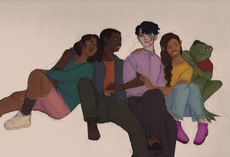 image description: A digital drawing of the Chicago Firefighter’s pitching rotation from season one. Depicted from left to right is Atlas Guerra, Mullen Peterson, Justice Spoon, Caleb Alvarado, and Swamuel Mora. They are all seated and leaning into each other as a group. /end image description
