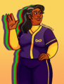 A digital drawing of a smiling, older Indian woman who is waving. She is fat, and wearing a purple and yellow blaseball uniform. She has thick, dark hair with some grey streaks that is pulled into a ponytail. The background of the drawing is pastel yellow and orange, and behind the woman is her silhouette in red, green and purple. The drawing is signed above her left shoulder with \"deerstained\".