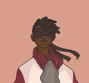 A digital drawing of Tyreek Olive. They are facing full front and wearing the justice blindfold. Their hair is shaved on the sides, with the dreads on the top of their head flowing loose to the right. They are wearing their jacket as well.