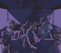 A drawing of Lou Roseheart, Rivers Rosa, Caleb Alvarado, Edric Tosser, Declan Suzanne, Wesley Poole, and Justice Spoon. Lou, Rivers, Caleb, Edric, and Declan are seated at the back of a bus in a sleeping pile, while Lou’s shadow hovers over Declan to watch him play something on a gaming console that gives of a light blue light. Wesley and Justice sit on opposite sides of the bus in the foreground. Pinkish light filters in from the side windows, but otherwise the bus is shadowed in dark bluish tones. /end image description