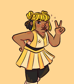 A digital drawing of Dunn Keyes in a Sunbeams crop-top jersey and matching skirt. Keyes is a Puerto Rican woman with dyed yellow hair, and she is winking and holding one hand up in a peace sign.