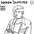 An uncolored bust drawing of Wanda Jenkins, a Korean trans woman in her 30s with a medium build and several piercings and a side shave. she wears a choker and a leather jacket, and crosses her arms as she looks at the viewer with a slight frown.