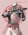 A very detailed digital painting in muted pinks and greys. Knight is a suit of armor wearing a pair of white pants and a steaks jersey tied around their waist. They face the viewer, hold a bat over one shoulder, and make a peace sign with the other hand.