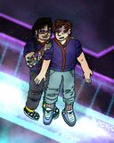 A digital drawing of Mike Townsend and Ollie Mueller escaping an alien spaceship. Ollie is a Filipino man with long black hair, a colorful tattoo sleeve, and glasses, and Mike is a white man with curly brown hair and a shadow over his eyes. Mike has extra thumbs on both his hands. Both of them have unusual black and teal eyes in the color of the Attractor symbol. They are both standing on a holographic platform and looking down in horror at something glowing below them. Ollie is hiding behind Mike and Mike is stepping on Ollie’s foot accidentally. A view of outer space is seen outside a window.