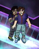 A digital drawing of Mike Townsend and Ollie Mueller escaping an alien spaceship. Ollie is a Filipino man with long black hair, a colorful tattoo sleeve, and glasses, and Mike is a white man with curly brown hair and a shadow over his eyes. Mike has multiple extra thumbs. Both of them have unusual black and teal eyes in the color of the Attractor symbol. They are both standing on a holographic platform and looking down in horror at something glowing below them. Ollie is hiding behind Mike and Mike is stepping on Ollie’s foot accidentally. A view of outer space is seen outside a window.