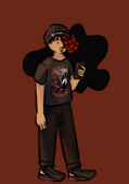 A digital drawing of Nagomi Nava, a Japanese woman with short hair and a black shadowy entity with many red eyes covering the place where her left eye would be. She is looking at her phone and wearing a Venom beanie, a Venom t-shirt, plain black pants, and Venom sneakers