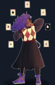 A digital drawing of Borg Ruiz. Bo is Latine with light brown skin and long, curly hair that's dyed purple and shaved on the left side. Bo is wearing a sweater vest with an argyle pattern over a plaid long sleeved sweater, an ankle-length skirt, leggings with a card-suite pattern up the inner leg, and purple high-top sneakers with sun emblems on the inner heel. Seven aces of spades float in a circle around Bo.