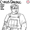 An uncolored bust drawing of Cyrus Dalbec, a fat Puerto Rican trans man in his mid to late 30s wearing round glasses and a t-shirt under overalls. he has a patchy beard and a prosthetic right arm, and wears his hair in a low pony tail.