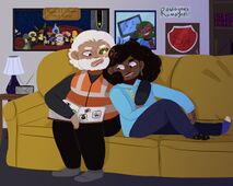 A drawing of Sandoval Crossing of the Hellmouth Sunbeams and Esme Ramsey of the Charleston Shoe Thieves. Sandy is a person with tan skin, fluffy white hair and beard, one brown eye, and one eye with sunlight in it. Sandy is dressed in a crossing guard vest. Esme is a person with medium brown skin, dark brown afro-textured hair, and dark brown eyes. Esme is wearing a blue hoodie with shoelace drawstrings and three silver earrings in her left ear. Esme is leaning on Sandy who has their arm around her. They are sitting on a yellow couch looking at a picture book of Esme when she was little. Around them is are items representing past and present teammates: a radio and blue and white lamp, a bookshelf with a pink book series, a silver sign that says "Romayne's Romayne", a shield made to look like a stop sign, a picture of Randall Marijuana, a red demon boy with green hair, and Emmett Internet, a person with a computer screen head with a blue screen and digital face, in their blue Hall Stars uniforms, and a picture of the Season 11 Hellmouth Sunbeams championship roster with a plaque above that labels it.