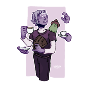 Lars Taylor in Macchiato City Jersey, holding a blaseball glove in one hand and a cup of coffee in the other. Two astral hands hold a saucer and a second, smaller cup of coffee, for Chorby Short who is sitting on his shoulder. A third floating hand signs an approximation of the word \"coffee\" in BSL, a fingerspelled \"C\" tilted towards the mouth.