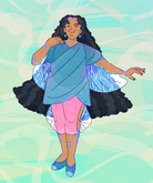 A drawing of Donna Elliot, a middle aged Greek/Italian woman with very long curly hair and blue and purple scales on parts of her body. Attached to her arms and legs are transparent fins resembling those of a flying fish. She is dressed in comfortable clothes that accommodate her fins.