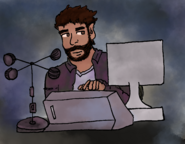 A digital drawing of Karim, an Iranian person with brown skin, short dark brown hair and facial hair. They are wearing a purple-grey jacket and are sititng behind an array of complicated meteorological equipment.
