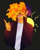 A digital drawing of Hellmouth Sunbeams player Miguel James. Miguel has skin with a glowing-orange tint to it and her hair which covers both her eyes and the right side of her face is completely made of fire. She is wearing a white t-shirt underneath a black jacket with the collar popped and a blue beanie. The background is a dark green, with a yellow sun.