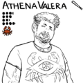 An uncolored bust drawing of Athena Valera, a fat muscular black trans man wearing a t-shirt with an eyecrab logo with a snowflake in the middle. He tilts his head and grins at the viewer.