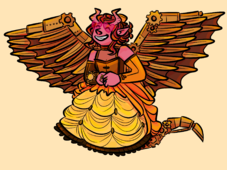 A digital drawing of Sunbeams player Harriet Gildehaus, a demon with pink skin, pointed ears, horns, a clockwork tail and clockwork wings, fangs, and their reddish-brown hair is pulled back. They are wearing pink heart-shaped sunglasses and a sleeveless dress with a sheer illusion neckline and a layered orange and yellow frilled skirt, and are smiling wide.
