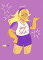 A limited palette digital drawing of Jenna Maldonado. Her blonde hair is held back by a headband and she has on purple shorts and white fishnet tights paired with a baseball tee with the words \"gay sex\" on it. She is also wearing gold heart-shaped earrings, and a small halo floats above her head. She is winking. The background is light purple.