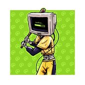 A drawing of Emmett Internet in a Sunbeams uniform in front of a bright green background with light green @ symbols. He has a square grey CRT monitor for a head and the screen is displaying a neon green loading bar. There is a cord going from the back of his head to his back, and a wire that falls from the back of his head down across his body. He's holding a blaseball bat in both hands over his right shoulder as if he is about to hit a ball.