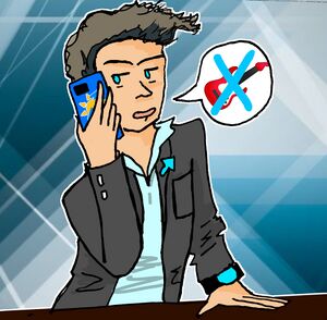 A digital drawing of Homerun Eric, a white man with pale skin and dirty blonde hair, wearing a blazer and a turquoise button up talking on a phone with an arrow sun decal on it. He looks like an asshole.