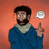 A digital drawing of Karim, an Iranian person with brown skin, short dark brown hair and facial hair. They are wearing a blue peacoat and beige scarf. They are looking worriedly to the side and pointing with their right hand. A speech bubble has a cloud in it.