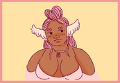 A drawing of Kichiro Guerra from Blaseball. She is a fat, Japanese & Afro-Latino woman with small wings growing from the side of her head. Her multicolored pink hair is styled into locs that form a heart shaped bun and her eyebrows are also heart shaped. She is wearing a choker with a strawberry on it