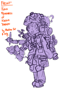 A Digital Image of a FRONT operative facing 3/4 towards the viewer and looking slightly upwards, they are dressed in tough but light exploratory clothing, covered in many pockets. They are accessorized with a backpack overflowing with scrolls on their back, a headset/camera googles combo with "FRONT" written on it, a shoulder mounted grappling hook, several holo-arms one holding a pen and writing into an accompanying notebook, and sturdy work-boots on their feet.