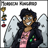 Digital artwork of Mordecai Kingbird. Mordecai is a somewhat skinny Sephardic person with black hair styled in a mullet, green eyes, and large feathery wings on his back. Pri is wearing a black leather jacket with pins representing the Atlantis Georgias, Hawai'i Fridays, and San Francisco Lovers, a pink shirt with a logo for "The Kingbirds" on it, and a necklace with the Star of David at the end. Pri has one hand in the pocket of his jacket, and a large grin on his face.