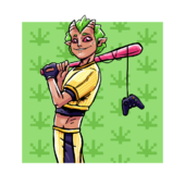 A drawing of Randy Marijuana smiling in a sunbeams uniform in front of a light green background with a pattern of pixelated darker green cannabis leaves. He has a red blaseball bat in both hands and is resting it over his right shoulder. A video game controller's cord is wrapped around the bat and the controller hangs behind his back. He has one fingerless black glove on his left hand. He has green hair and small horns.