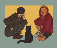 image description: A digital drawing of Justice Spoon, Socks Maybe, and Isaac Johnson. On the far left is Spoon in a heavy jacket, red-brown boots, and blindfolded. She is squatting down to look at Socks, who is a cat, at the center of the image. To the right is Johnson wearing a red and orange hoodie, who is also kneeling down to also look at Socks. /end image description