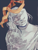 A digital illustration of Justice Spoon. Justice is a marble statue, missing the top half of her face. Blue flowers and branches decorate the left side of her body. A blindfold with eyes printed on the inside hovers above her head like a halo. The illustration is cropped at her shoulders.