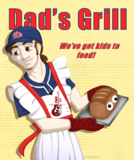 A digital illustration of a Mike Townsend. He is white with brown hair pulled into a short pony tail. He is wearing a blaseball cap with an SG logo on it and the jersey for the Seattle Garages. Over the jersey, he has a white apron with a guitar on it and the words \"Park it!\". He is looking to the left with his body twisted the other way. He is smiling. He is holding a tray which has a loaf of bread with googly eyes on it. At the top of the picture, it says \"Dad's Grill\" and under that \"We've got kids to feed!\"