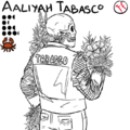An uncolored line drawing of Aaliyah Tabasco with team, stats, and position displayed above. Aaliyah is a skull with a lot of Mexican flowering plants for a body. They face away from the viewer, proudly displaying a customized leather jacket with the word "TABASCO" written across the back. Though Aaliyah has no real hands, the plants of one arm give the impression that they're pointing to the jacket with a thumb.