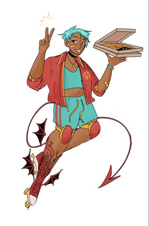 A digital drawing of Jackie Daws, a human with brown skin, short aquamarine hair, and a devil tail. They are wearing a red cropped jacket with a pizza pentagram symbol on the breast, a teal shirt and athletic shorts, and knee pads. They have red roller skates which are bonded to their legs, and have small bat wings on them. They are holding a pizza in one hand and flashing a peace sign in the other.