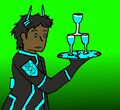 TROJAN_WRHS, a brown-skinned person with messy brown hair wearing a cyber outfit with teal circuits, holds a tower of drinks on top of a glowing compass-like tray.