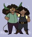 A drawing of Nerd and Hurley Pacheco. They are both people with brown skin, long afro-textured hair, and a gap between their two front teeth. Hurley has pink glasses on a chain, dark grey overalls with a sun on the chest, brown boots, and a yellow T-shirt. Nerd has brown bovine ears, green antlers, and a long tail with a fluffy end and is wearing gold square shaped glasses, a green button up shirt, and pink pants. They have their arms around each other and are smiling at the viewer. There are white flowers in the foreground with a purple background.