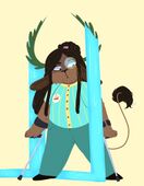 A drawing of the Blaseball character Nerd Pacheco. They are a light brown skinned person with a furry body, long dark brown locks half pulled up into a bun with a pink flower in them, large brown bovine ears, a long thin tail with a furry tip, and large, pointy green antlers. They wear a golden monocle and a light blue and yellow Philly Pies uniform. They have a set of forearm crutches. They are looking down to the right with an annoyed face. Water is flowing down from their antlers and out of frame.