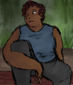 A digital drawing of Lori Boston, a fat Armenian woman with dark brown skin and red-brown curly hair. She is sitting on a curb in the greenhouse on the roof of the Big Garage, with one leg up and her arm around it. She is wearing a blue tank top and grey pants.