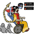 Bottles Suljak as a translucent blue glass person wearing steampunk goggles enthusiastically riding on the back of Lady Matsuyama's wheelchair. The wheelchair is brass and sports a scorpion tail with a drill bit at the end. Lady herself is in a red and yellow dress and dark red mask. red mask.