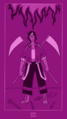 A simple magenta monochrome digital drawing of Gerund Pantheocide. The card is drawn in a pose meant to resemble that of the death tarot card. She is standing in the center and has dark shaggy short hair with a streak of pink, wearing a bomber jacket, light shirt, firefighter pants, and combat boots. She is holding two scythes behind her back, and is standing over several swords on the floor. There is fire descending from the top of the frame. The roman numeral XIII is at the bottom.