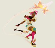 A digital drawing of Sunbeams player Hahn Fox. She is a black woman with pink tentacles for hair. She's wearing a yellow and white pinstriped Sunbeams uniform with the jersey unbuttoned to show her black sports bra. On her right knee is a kneepad, and she's wearing gloves and knee high socks, all in the pink, black, blue, and yellow of the Miami Dale, her original team. In addition to these, she's wearing a Sunbeams cap backwards, and blue sunglasses. She is tossing her sticker-covered bat behind her, after hitting a literally explosive home run.