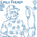 An uncolored digital drawing of Emily Friendo, with her stats displayed above. Emily is a white Jewish woman with a medium build in her mid 50s. she wears rectangular glasses, a blaseball over chin-length hair, a beetle t-shirt over an undershirt, and high-waisted pants. she grins as she holds up a small cookie with her left arm, which is a giant crab claw. because she was incinerated, her portrait is drawn in light blue, the color of the hall of flame.