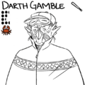 An uncolored digital drawing of Darth Gamble, a hypercarcinized black person who wears a poncho, cap, and slitted goggles on their forehead. Their ears are replaced by spikes, and the lower part of their face is entirely covered with chitin.