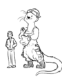 McKinley Otten, an anthropomorphic otter, wearing overalls, a beanie, a baseball glove, and boots. She is standing next to a normal human, who is only tall enough to reach her shoulder.