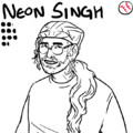 An uncolored bust drawing of Neon Singh, an Indian person in their late 20s with large glasses, a short beard and a long pony tail under a beanie. they wear a sweater and grin a good-natured grin. they’re deceptively built under their sweater.