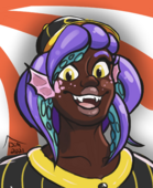 A digital headshot of Hahn Fox. Hahn is a Black woman with darker brown skin, yellow eyes, sharp teeth, and hair made of purple squid tentacles for hair. She is wearing black Sunbeams jersey with yellow pinstripes and a matching Sunbeams blaseball cap. She is smiling.