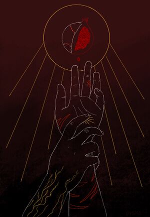 A digital drawing of two hands. One of the hands has dark reddish-orange tiger stripes on it, and is reaching upwards towards a pomegranate with stitching on the outside to resemble a blaseball. The other hand has glowing gold veins of light along it and is holding the hand with stripes by the wrist, pulling it back away from the pomegranate, which has a yellow ring of light around it. The background is a red-black ombre.